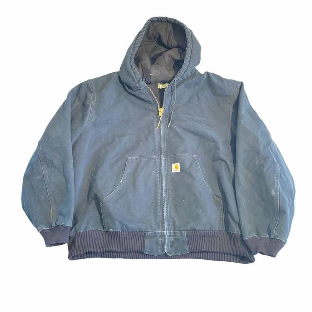 Carhartt Active Jacket Thermal Lined Navy Blue Duck Canvas Hooded Workwear